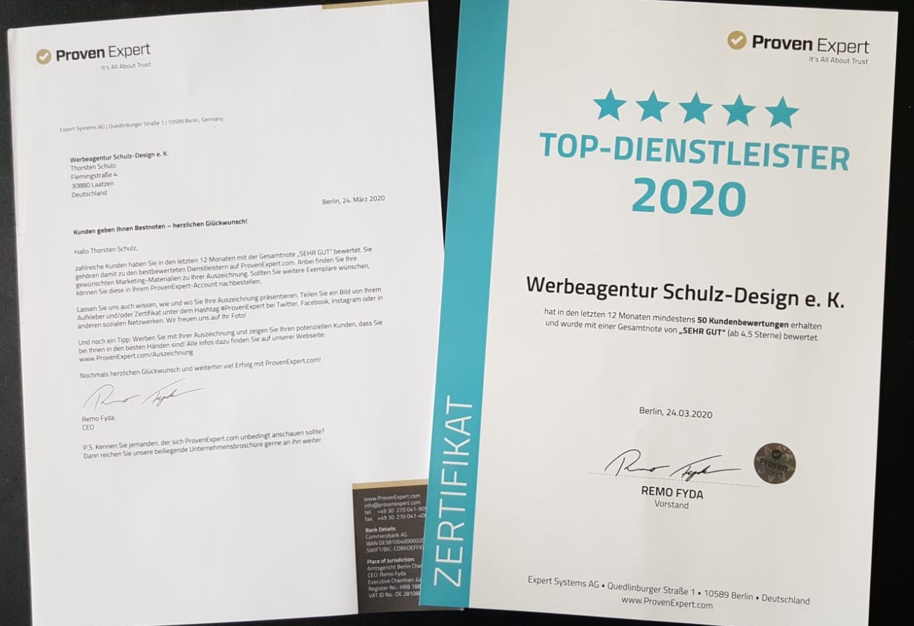 Werbeagentur Schulz-Design: Urkunde TOP Dienstleister 2020 für über 50 Bewertungen der Note 