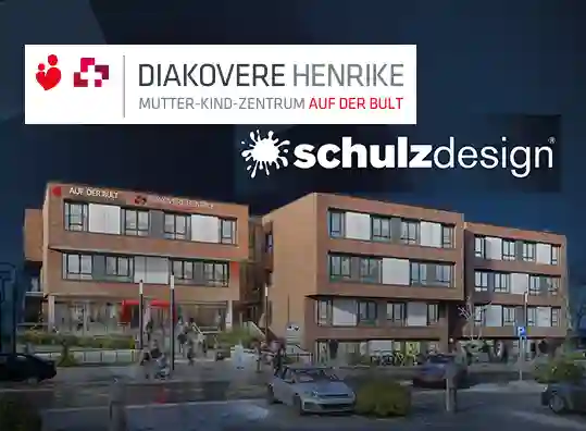 Logo der Werbeagentur Schulz-Design und HENRIKE nebeneinander, symbolisierend die Partnerschaft zur Betreuung der Social Media Präsenzen von HENRIKE, Norddeutschlands modernster Geburtsklinik.