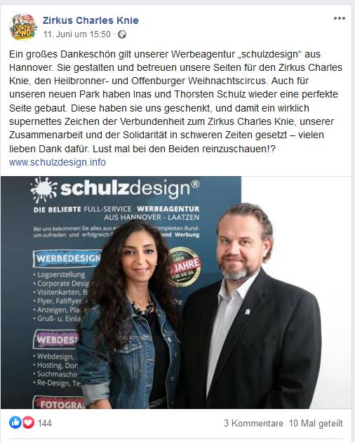 Zirkus Charles Knie lobt und dankt unserer Werbeagentur auf Facebook